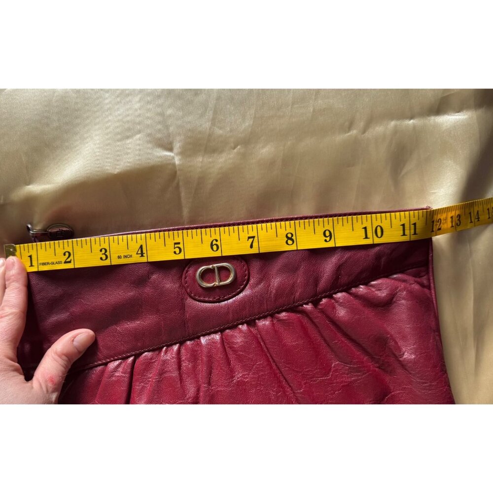 Christian Dior Burgundy Leather Clutch Bag With Ruched Design & CD Logo Top Zip - Picture 9 of 9